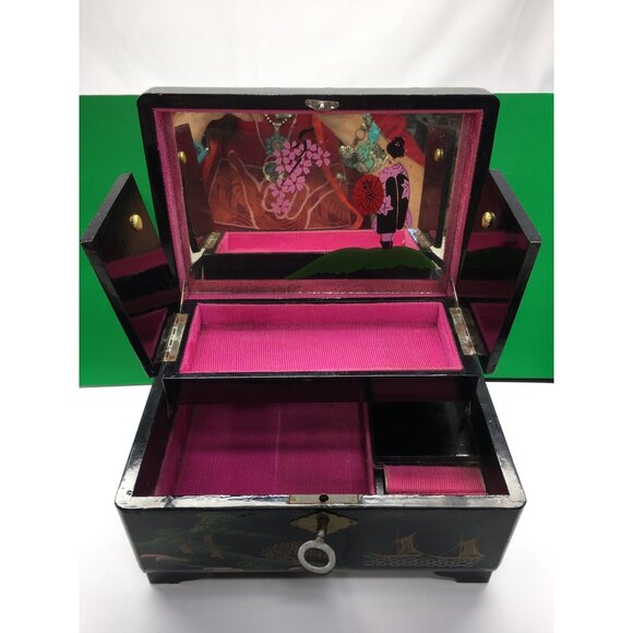 Vintage Japanese Lacquered Music Jewelry Box with Key Black 1950s - Sound Works - Picture 12 of 16